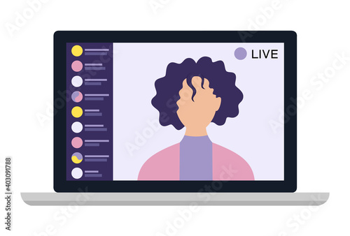 Young female blogger holding a live streaming online event, website interface. Vector illustration on white isolated background.