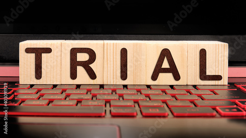 trial, word cube on wood background, business concept.