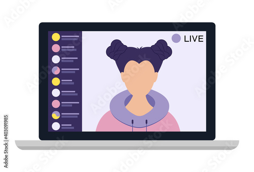 Young female blogger holding a live streaming online event, website interface. Vector illustration on white isolated background.