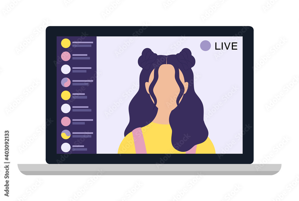 Young female blogger holding a live streaming online event, website interface. Vector illustration on white isolated background. Young female blogger holding a live streaming online event, website interface. Vector illustration on white isolated background.