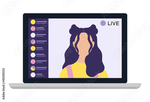 Young female blogger holding a live streaming online event, website interface. Vector illustration on white isolated background.
