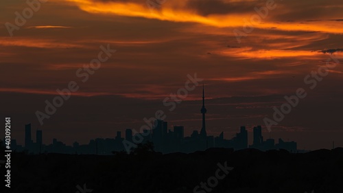 Toronto during dawn as  seen from Lakefront Promenade Park in Mississauga