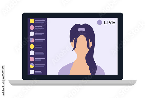 Young female blogger holding a live streaming online event, website interface. Vector illustration on white isolated background.