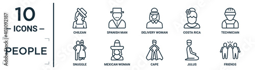 people linear icon set. includes thin line chilean, delivery woman, technician, mexican woman, julus, friends, snuggle icons for report, presentation, diagram, web design