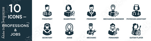 filled professions & jobs icon set. contain flat podiatrist, seamstress, president, mechanical engineer, physician assistant, secretary, judge, mechanic, pensioner, guitar player icons in editable.