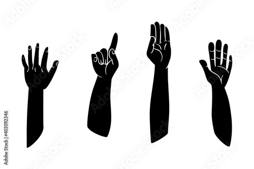 Collection of black raised hands in vector silhouette for community concept