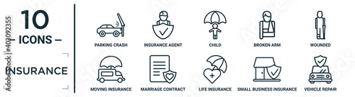 insurance linear icon set. includes thin line parking crash, child, wounded, marriage contract, small business insurance, vehicle repair, moving insurance icons for report, presentation, diagram,