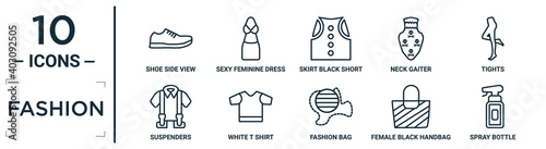 fashion linear icon set. includes thin line shoe side view, skirt black short, tights, white t shirt, female black handbag, spray bottle, suspenders icons for report, presentation, diagram, web