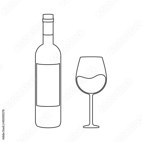 Simple wine bottle and wine glass for wine tasting concept in outline vector