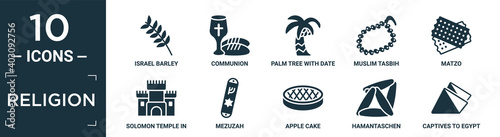 filled religion icon set. contain flat israel barley, communion, palm tree with date, muslim tasbih, matzo, solomon temple in jerusalem, mezuzah, apple cake, hamantaschen, captives to egypt icons in.