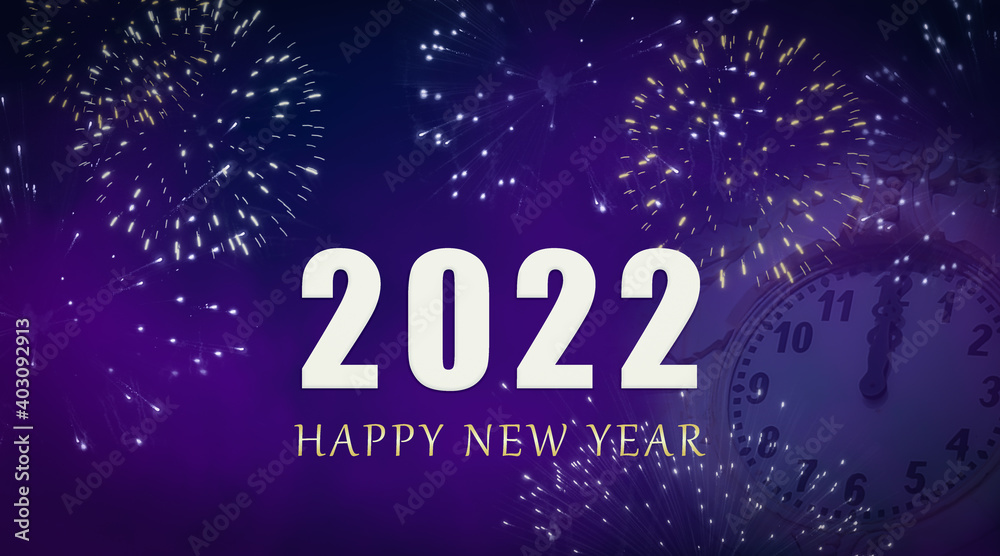 Happy New Year 2022 celebration greeting card with fireworks and faded clock on purple sky background. Happy New Year 2022 celebration greeting card with fireworks and faded clock on purple sky background.
