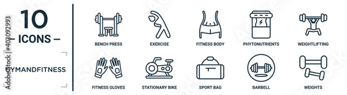 gymandfitness linear icon set. includes thin line bench press, fitness body, weightlifting, stationary bike, barbell, weights, fitness gloves icons for report, presentation, diagram, web design