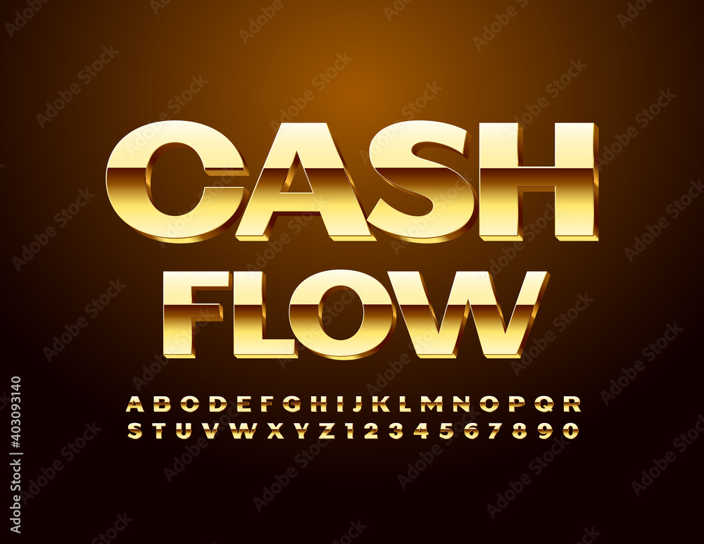 Vector premium sign Cash Flow. Shiny luxury Font. Modern Gold Alphabet Letters and Numbers set