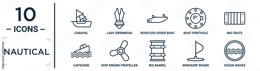 nautical linear icon set. includes thin line caravel, roofless speed boat, big crate, ship engine propeller, windsurf board, ocean waves, capsizing icons for report, presentation, diagram, web