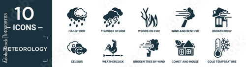 filled meteorology icon set. contain flat hailstorm, thunder storm, woods on fire, wind and bent fir, broken roof, celsius, weathercock, broken tree by wind, comet and house, cold temperature icons.