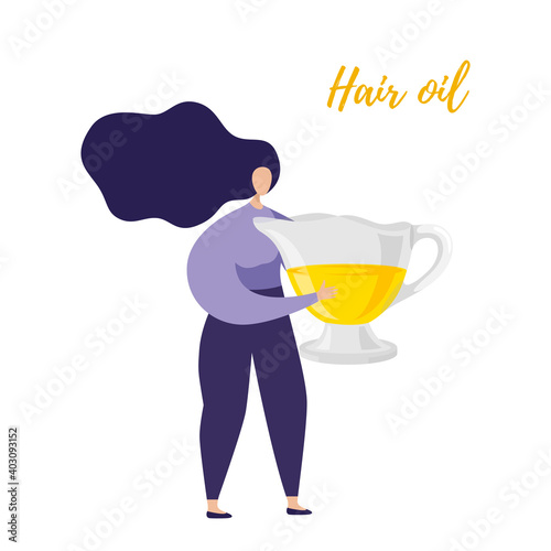 Olive oil, hair natural cosmetics, vector banner. Organic skincare product, hair mask ingredient. Vector illustration of strong and silky hair.