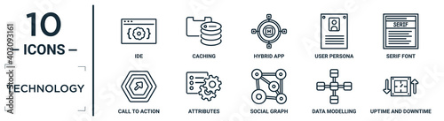 technology linear icon set. includes thin line ide, hybrid app, serif font, attributes, data modelling, uptime and downtime, call to action icons for report, presentation, diagram, web design