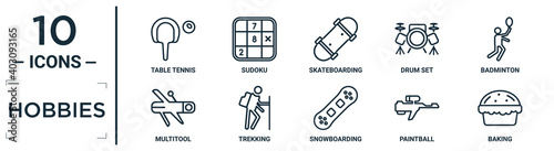 hobbies linear icon set. includes thin line table tennis, skateboarding, badminton, trekking, paintball, baking, multitool icons for report, presentation, diagram, web design