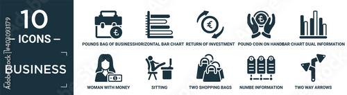filled business icon set. contain flat pounds bag of business, horizontal bar chart, return of investment, pound coin on hands, bar chart dual information, woman with money, sitting, two shopping.