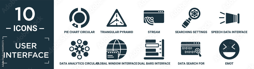 filled user interface icon set. contain flat pie chart circular interface, triangular pyramid, stream, searching settings interface, speech data interface audio, data analytics circular, global.