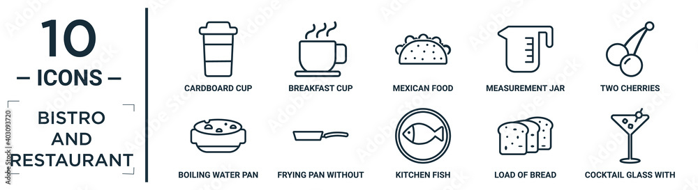 bistro.and.restaurant linear icon set. includes thin line cardboard cup, mexican food, two cherries, frying pan without a cover, load of bread, cocktail glass with ice cube, boiling water pan icons
