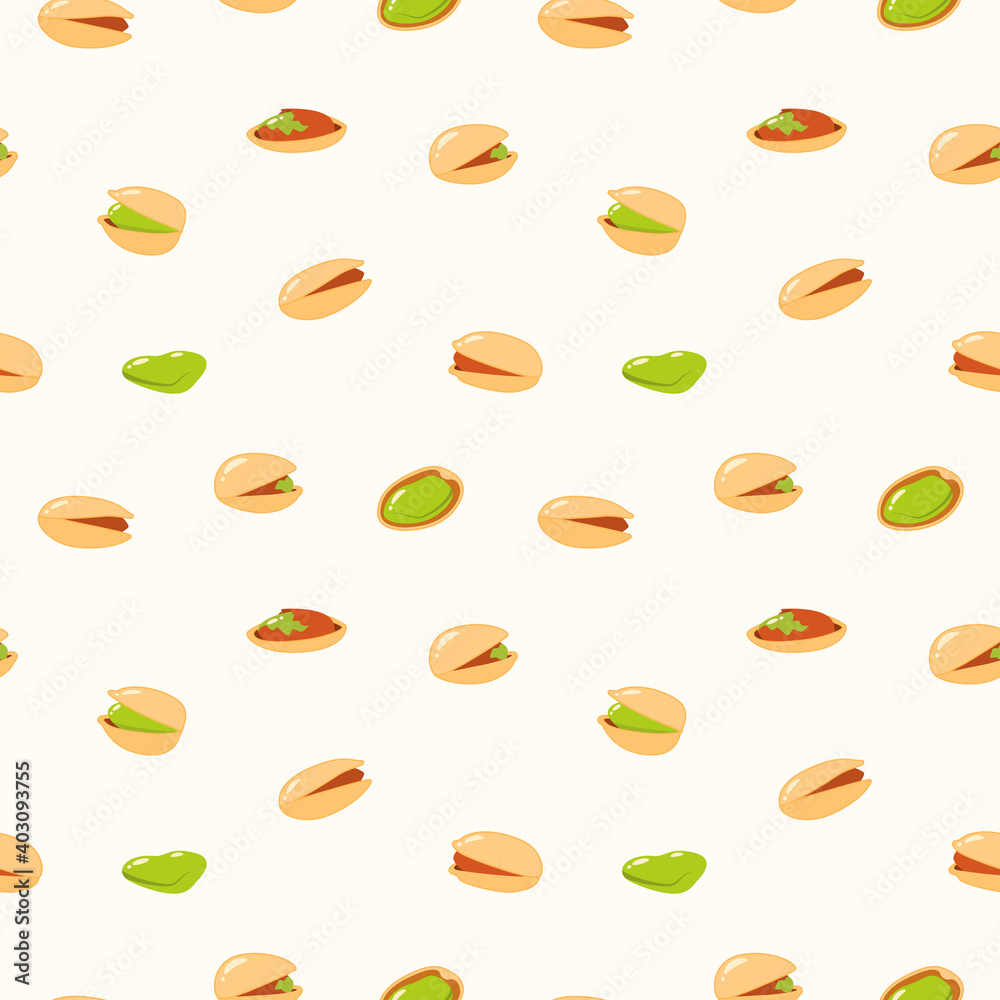 Seamless pattern with Pistachio nuts on a white background. Organic nuts and seeds in cartoon style. Vector illustration Seamless pattern with Pistachio nuts on a white background. Organic nuts and seeds in cartoon style. Vector illustration