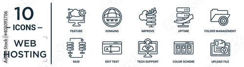 web.hosting linear icon set. includes thin line feature, improve, folder management, edit text, color scheme, upload file, raid icons for report, presentation, diagram, web design