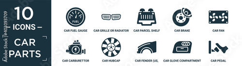 filled car parts icon set. contain flat car fuel gauge, car grille or radiator grille, car parcel shelf, brake, fan, carburettor, hubcap, fender (us, canadian), glove compartment, pedal icons in.