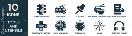 filled tools and utensils icon set. contain flat semaphore lights, firetruck, push pins, two bowls and chopsticks, book with mouse, printer with written paper, clock and watch, stopwatch, radial,.