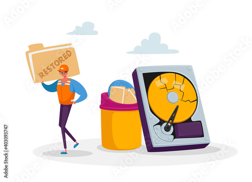 Data Recovery Service, Backup and Protection, Hardware Repair Concept. Tiny Male Character in Worker Uniform and Helmet