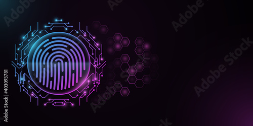 Futuristic fingerprint with circle of circuit board. Scanning user data. Glowing blue and purple HUD display. Biometric data security. Touch screen. Hexagon pattern. Vector illustration