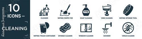 filled cleaning icon set. contain flat cleaner, wiping swipe for floors, soap cleanin, sink cleanin, wiping sponge tool, wiping trash container, sponge cleanin, window shower, virus icons in.