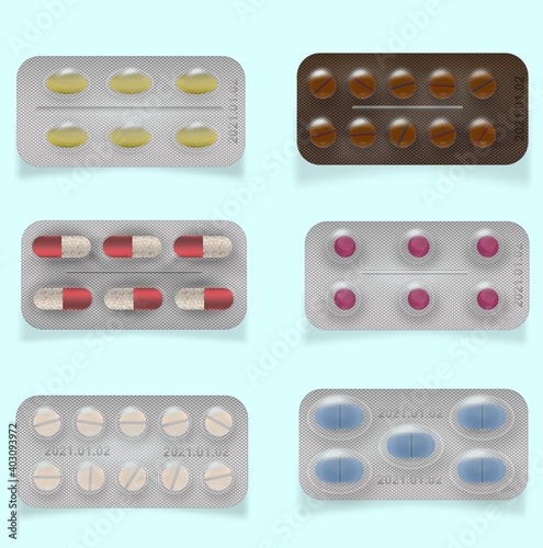 3d packaging for medicines: fish oil, pain relievers, antibiotics, vitamins and pills. Tablets and capsules. Vector illustration isolated on background with shadow