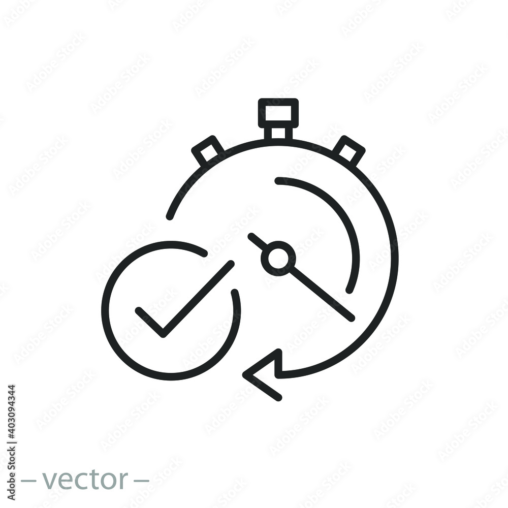 quick time icon, fast deadline, timer with check mark, instant verification, rapid delivery, line symbol on white background - editable stroke vector illustration eps10 quick time icon, fast deadline, timer with check mark, instant verification, rapid delivery, line symbol on white background - editable stroke vector illustration eps10