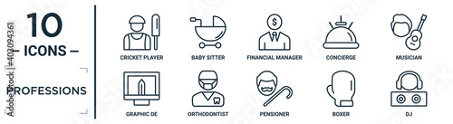 professions linear icon set. includes thin line cricket player, financial manager, musician, orthodontist, boxer, dj, graphic de icons for report, presentation, diagram, web design