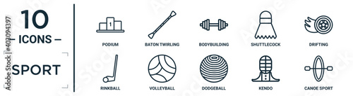 sport linear icon set. includes thin line podium, bodybuilding, drifting, volleyball, kendo, canoe sport, rinkball icons for report, presentation, diagram, web design