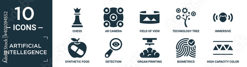 filled artificial intellegence icon set. contain flat chess, ar camera, field of view, technology tree, immersive, synthetic food, detection, organ printing, biometrics, high capacity color barcode.