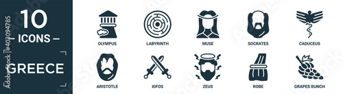 filled greece icon set. contain flat olympus, labyrinth, muse, socrates, caduceus, aristotle, xifos, zeus, robe, grapes bunch icons in editable format..