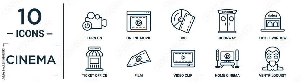 cinema linear icon set. includes thin line turn on, dvd, ticket window ...
