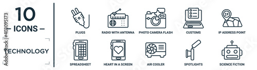 technology linear icon set. includes thin line plugs, photo camera flash, ip address point locator, heart in a screen, spotlights, science fiction, spreadsheet icons for report, presentation,