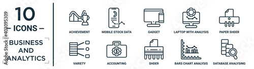 business.and.analytics linear icon set. includes thin line achievement, gadget, paper shder, accounting, bars chart analysis, database analysing, variety icons for report, presentation, diagram, web