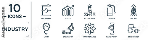 industry linear icon set. includes thin line oil barrel, extraction, oil rig, excavator, hand pump, skid loader, light icons for report, presentation, diagram, web design