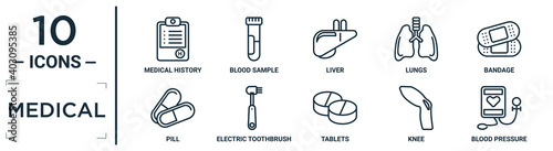 medical linear icon set. includes thin line medical history, liver, bandage, electric toothbrush, knee, blood pressure, pill icons for report, presentation, diagram, web design