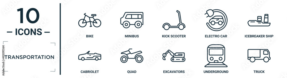 Fototapeta premium transportation linear icon set. includes thin line bike, kick scooter, icebreaker ship, quad, underground, truck, cabriolet icons for report, presentation, diagram, web design