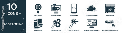 filled programming icon set. contain flat seo tools, engineering, command, cloud storage, error 404, duplicate, optimization, seo keywords, advertising bounce, keyboard and mouse icons in editable.