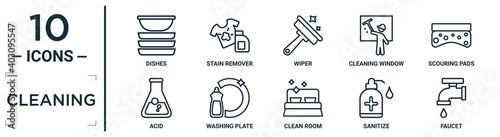 cleaning linear icon set. includes thin line dishes, wiper, scouring pads, washing plate, sanitize, faucet, acid icons for report, presentation, diagram, web design