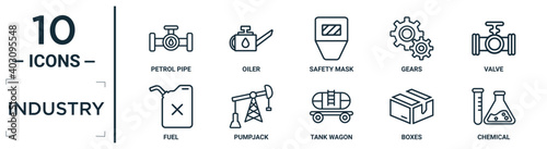 industry linear icon set. includes thin line petrol pipe, safety mask, valve, pumpjack, boxes, chemical, fuel icons for report, presentation, diagram, web design