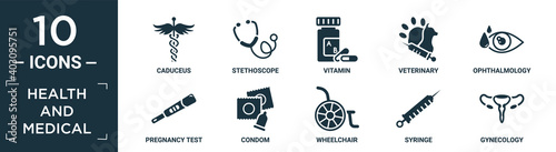 filled health and medical icon set. contain flat caduceus, stethoscope, vitamin, veterinary, ophthalmology, pregnancy test, condom, wheelchair, syringe, gynecology icons in editable format..