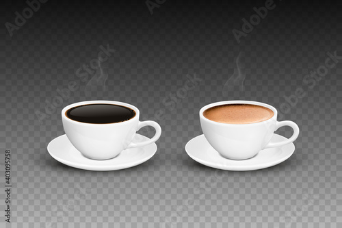 Vector 3d Realistic White Porcelain Ceramic Mug, Hot Black and Milk Coffee, Foam and Smoke Set Isolated. Espresso, Capuccino, Latte. Stock Vector Illustration. Design Template. Front View