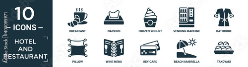 filled hotel and restaurant icon set. contain flat breakfast, napkins, frozen yogurt, vending machine, bathrobe, pillow, wine menu, key card, beach umbrella, takoyaki icons in editable format.. photo